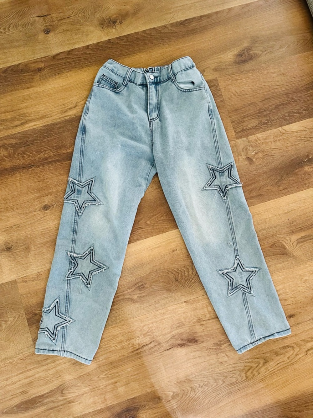 Women’s Light Wash Star Patchwork Boho Festival Denim Jeans - Picture 6 of 11